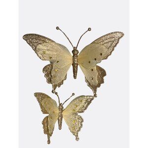 Gold Colored Glitter Butterfly Decorations Set Rhinestone Accents  Sheer Wings